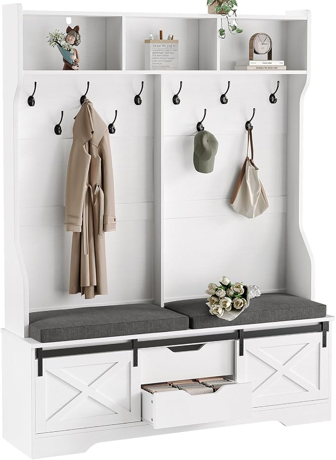 UPOSOJA Hall Tree with Bench and Shoe Storage, Entryway Bench with Coat Rack, Modern Farm House Barn Door 3-in-1 Hall Tree with Storage Cushioned Stool and Hooks for Hallway, Living Room (60IN)