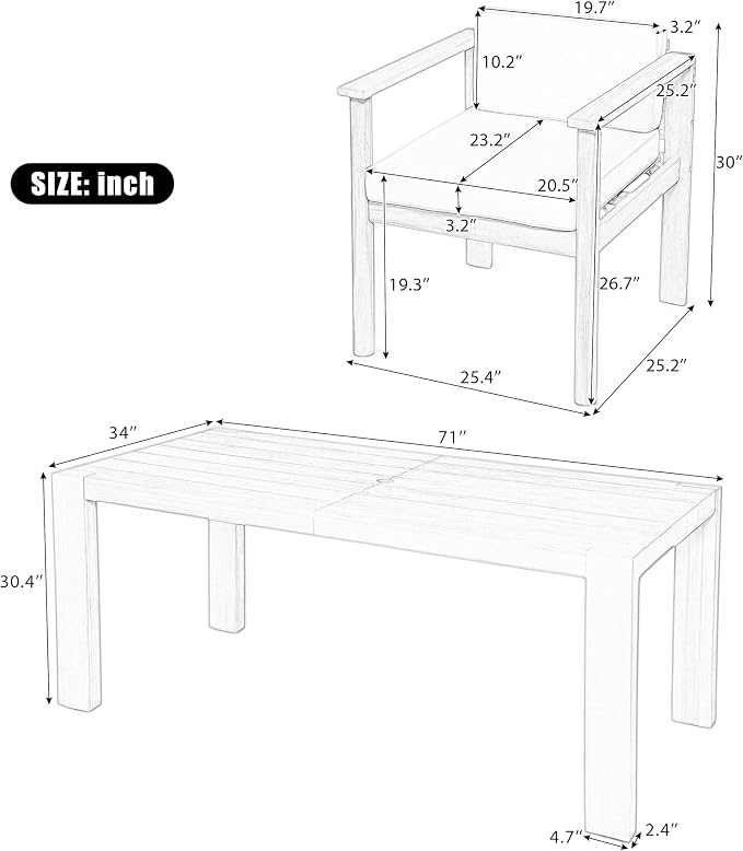 7-Piece Patio Dining Table Set for 6, Outdoor Furniture Sets with 72.8" Rectangle Table, Patio Table and Chairs Set with Removable Cushions for Backyard, Garden, Poolside