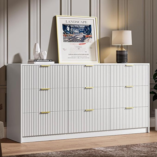 MAISONARIA 3-Piece Dresser Bedroom Set, 9 Drawer Dresser & 3 Drawer Dresser with Gold Handles, Fluted Wood Chest of Drawers for Bedroom, Living Room, Entryway, White
