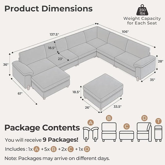 SITJOY Large Cloud Couch, 138" Wide 6 Seater V Shape, Chenille in Navy Blue | Detachable and Washable Chenille Cover Sectional Sofas for Living Room, Deep Seat Wide Couch with Chaise, Storage Ottoman