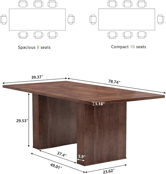 78 Inch Rectangular Dining Table for 6 to 10, Farmhouse Fluted Dining Kitchen Table, Modern Wood Long Dining Table for Kitchen Living Room, Walnut