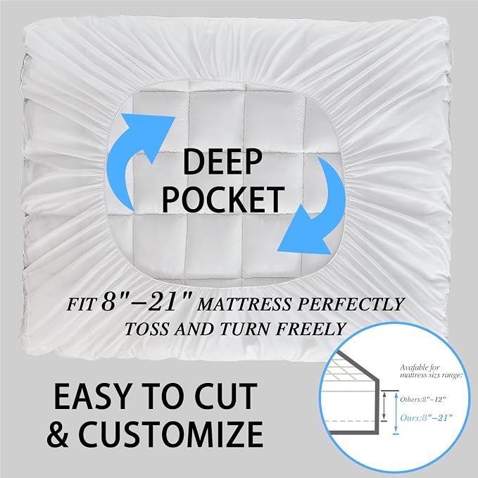 CYMULA Mattress Topper Short Queen Size - Extra Thick Cooling Mattress Pad Cover for Back Pain - Soft Mattress Protector Bed Topper Pillow Top with 8-21 Inch Deep Pocket 3D Snow Down Alternative Fill