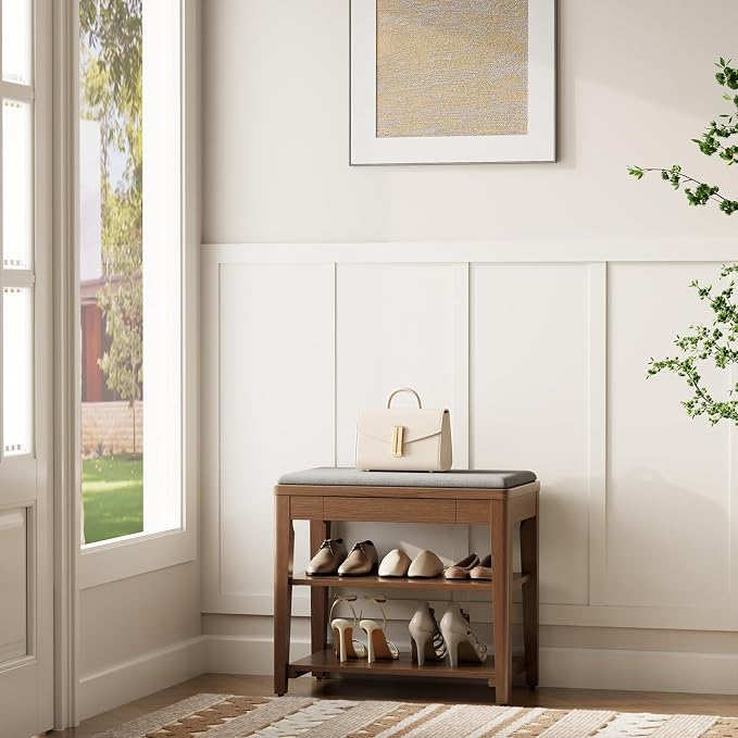 Small Shoe Bench with Storage, Wooden Shoe Storage Bench with Cushion&Hidden Drawer, 2-Tier Shoe Rack Bench for Entryway, Mudroom, Hallway