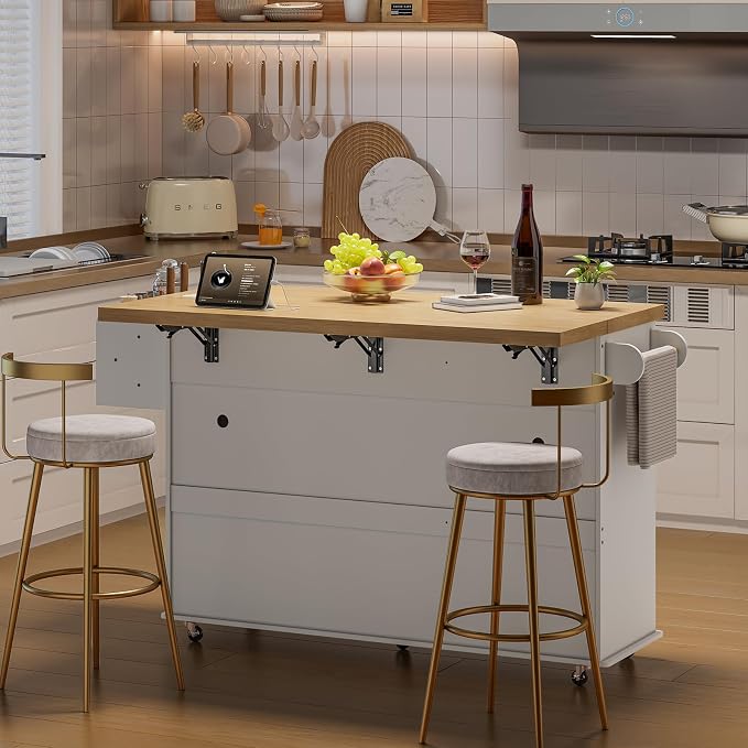ONBRILL 60" Kitchen Island with Power Outlet & Drop Leaf, Rolling Island with Spice Rack & Towel Rack, Kitchen Island Cart with Trash Storage Cabinet, Island Table for Kitchen, White
