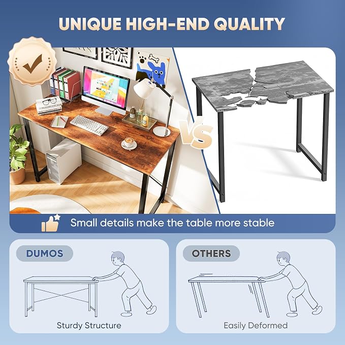 DUMOS 55 Inch Computer Office Desk Writing Gaming Study Work Large Desks for Bedroom Home Office with Metal Frame Simple Modern PC Table Workstation, Wood Brown