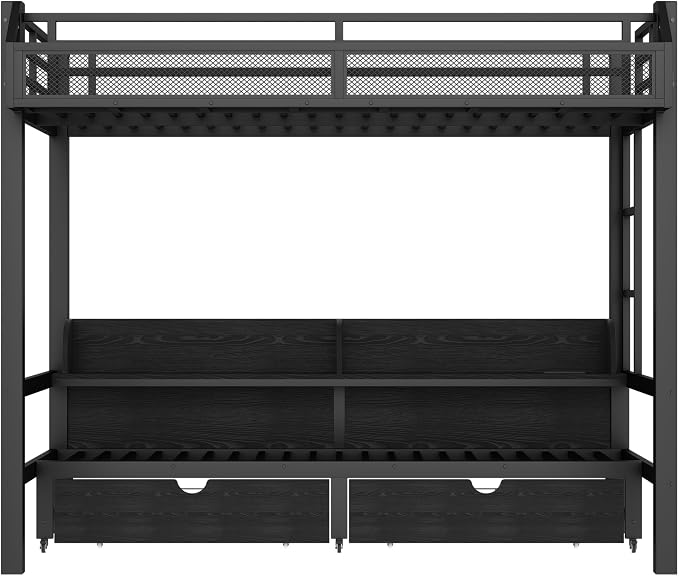 Bellemave Bunk Bed Twin XL Over Twin XL,Metal Bunk beds with Storage Shelves and Drawers USB Ports and LED Lights, Lower Bed That can be Converted into a Sofa, Black