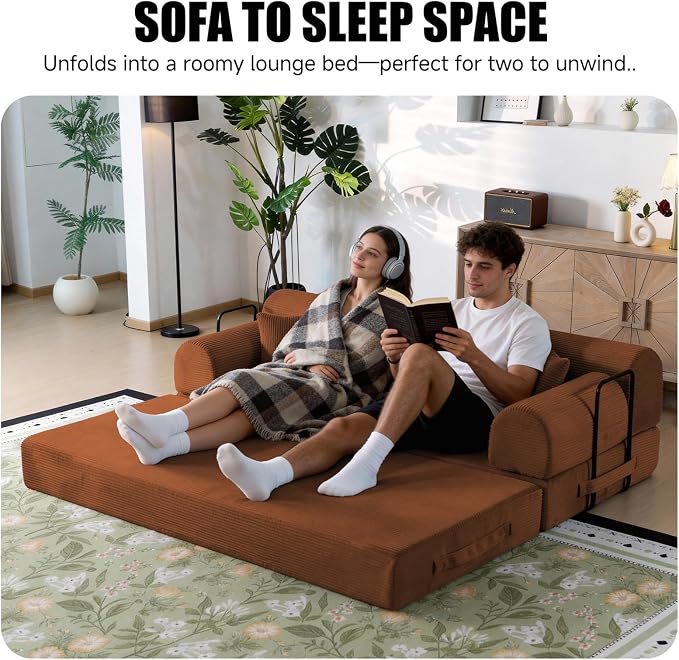 78.8" Boneless Memory Foam Couch, Corduroy Convertible Floor Sofa Bed, Fold-Out Sleeper Futon Loveseat, Wide Armrests & Supportive Back, 1200 lb, Couch in a Box, 2 Pillows, Orange