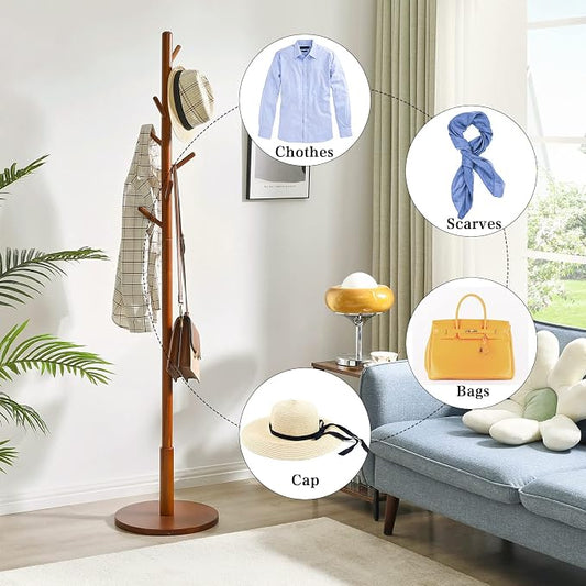IBUYKE Coat Rack Stand, Freestanding Coat Tree with Solid Round Base and 8 Hooks, Easy Assembly Wooden Coat Hanger, Clothes Rack for Hallway Entryway, Living Room, Bedroom, Office, Brown WD-113