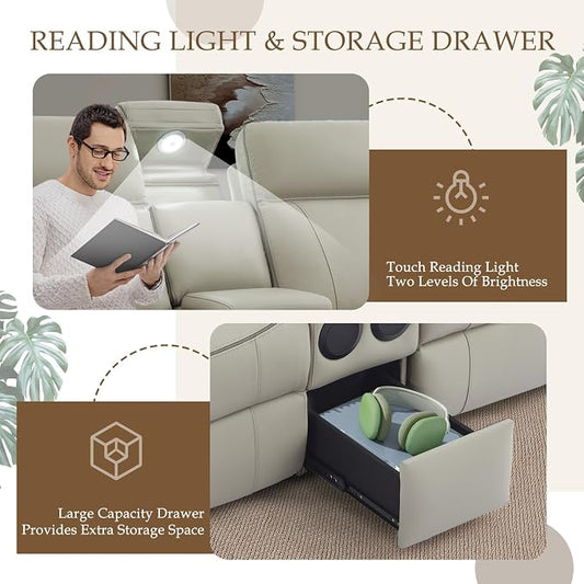 Power Reclining Sofa Set with LED Reading Light/Storage Drawer, Power Loveseat Recliner Sofa, Reclining Loveseat with Bluetooth Speakers/Outlets/Breathing Leather (Grey, Sofa+Loveseat)