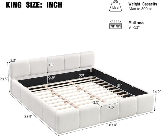 Merax King Size Boucle Platform Bed with Thick Headboard and Footboard, Block Style Upholstery Floor Bed Frame, White