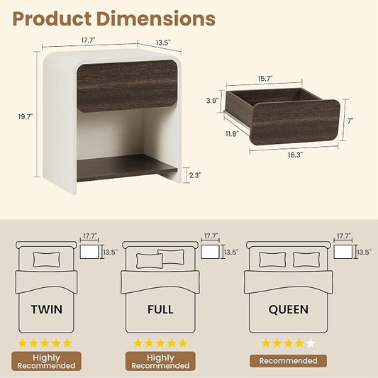 Modern Nightstands Set of 2,Bedside Table with Open Shelf,Night Stand with Drawer Storage,Wooden End Table for Bedroom, Side Table White and Walnut