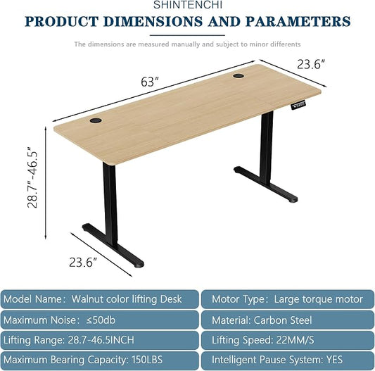Shintenchi Standing Desk, 63x24 Inch Height Adjustable Electric Sit Stand up Desk, Ergonomic Rising Computer Table, Modern Lift Gaming Desk Workstation for Home Office, White