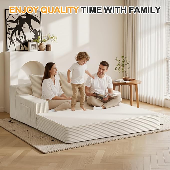 Erament Convertible Sofa Bed, Loveseat Folding Floor Futon Sleeper Sofa Couch Bed- Boneless Foldable Couch, Corduroy Pull Out Sofa Bed with 2 Pillows for Living Room & Bedroom