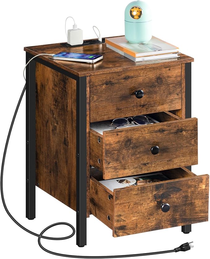HOOBRO Nightstand with Charging Station, Side Table with 3 Drawers and Storage Shelf, End Table with USB Port, Retro Industrial Style Bedside Table, for Living Room, Bedroom, Rustic Brown BF461BZ01G2