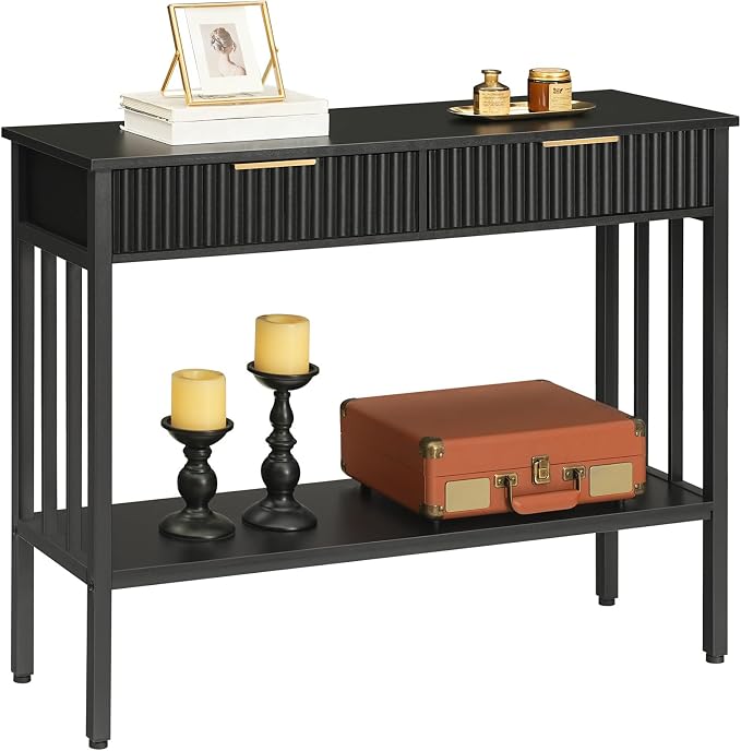 MAHANCRIS 39.4" Console Table with 2 Drawers, Narrow Long Entry Table with Storage Shelf, 2-Tier Fluted Entryway Table with 2 Drawers, for Entryway, Living Room, Foyer, Hallway, Office, Black CTHB5101