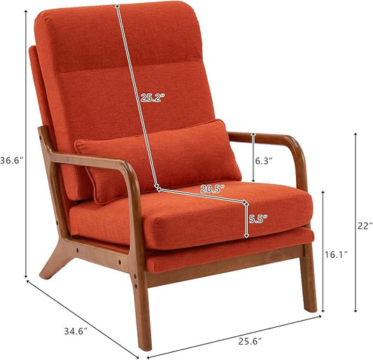 Karl home Accent Chair High Back Mid-Century Modern, Burnt Orange | Linen Fabric Upholstered, Walnut Color Solid Rubber Wood Frame, Soft Cushion with Pillow, For Living Room, Bedroom, Balcony