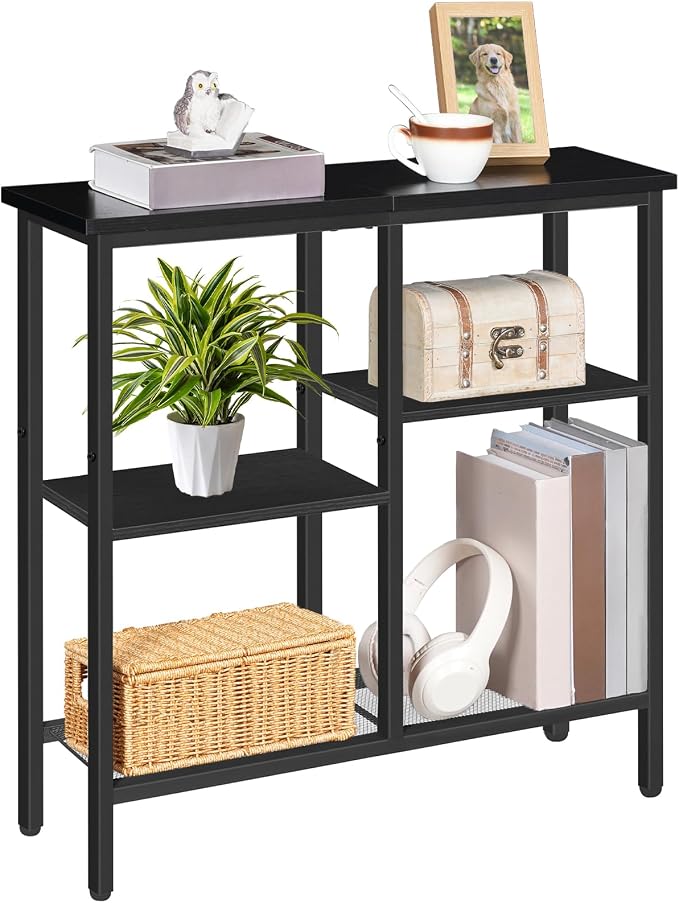 HOOBRO Narrow Console Table, Sofa Table, 4-Tier Industrial Entryway Table with Metal Mesh Shelf, Hallway Table with Adjustable Feet, for Entryway, Living Room, Hallway, Black BB79XG01