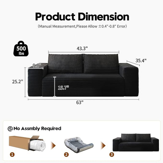 63" Loveseat Sofa,Modular Couch with Deep Seat Memory Foam,Comfy Small Cloud Couch for Small Spaces,No Assembly Required Sofa for Living Room Bedroom,Apartment,Black