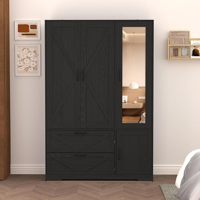 Armoire Wardrobe Closet with 3 Door, Bedroom Armoire with Mirror, LED Light, Hanging Rod, Drawers,Adjustable Shelves,Large Capacity Closet for Bedroom,47.2L,Black
