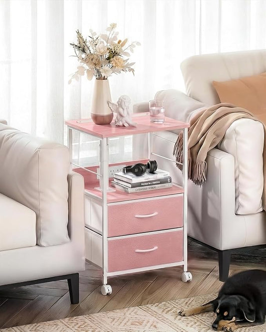 Faesun Swivel Lift Top Nightstand with Charging Station, Rolling Side Table for Recliner, Bedside Table with Wheels & 2 Fabric Drawers, for Small Spaces, for Bedroom, Living Room, Pink