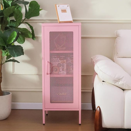 Slim Metal Storage Cabinet with Mesh Doors - 42'' Tall Narrow Organizer Tower, Compact Freestanding Cabinet, Versatile Utility Storage for Home, Office, Kitchen, Living Room, Durable and Modern Design