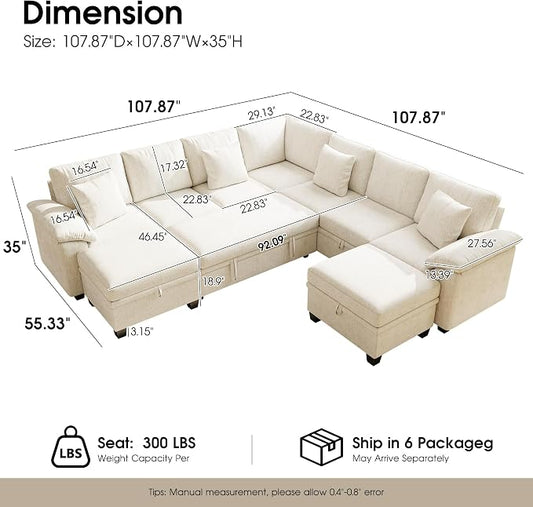107.8" Oversized Modular Sectional Sofa with Pull Out Bed, 9 Seat U Shaped Sectional Sleeper Sofa with 291L Storage, Convertible Cloud Couch Bed, Sectional Couches for Living Room, Apartment (Beige)