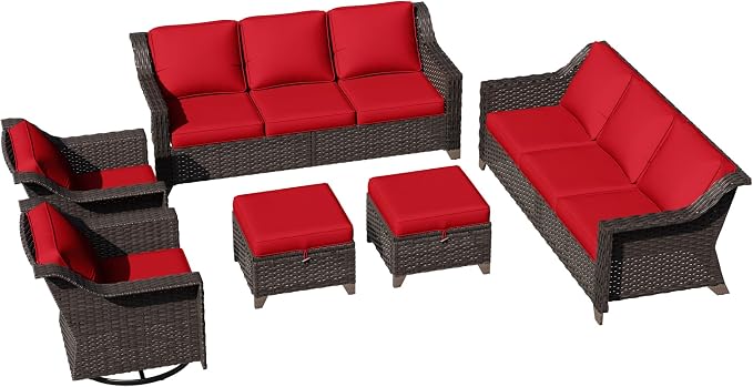 6 Pieces Patio Conversation Furniture Set - 2 Sofas, 2 Swivel Chairs, 2 Ottomans, Outdoor Wicker Furniture with Removable Cushions for Porch, Balcony, Sunroom (Red)