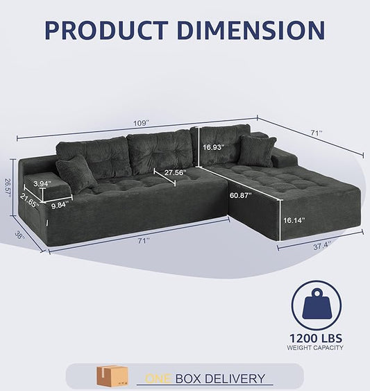 Hobestluk Modular Sectional Sofa Couches L-Shape Couch 3 Seat Modular Sofa Memory Foam Sectional Couches for Living Room, Cloud Couch (Charcoal Corduroy, 108", Right Hand Facing)
