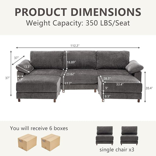 Oversized Modular Cloud Couch with Removable Washable Cover, U -Shaped Sectional for Large Living Room, Plush Chenille & Deep Seat(Grey)