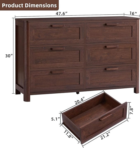 Joaxswe Farmhouse 6 Drawer Dresser for Bedroom, Horizontal Dressers with 6 Deep Drawers & 4 Thickened Table Legs & Round Table Corner, Walnut