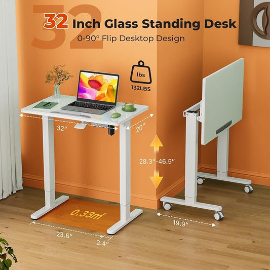 32" Glass Standing Desk,90°Tilt Whiteboard Electric Drafting Table | White Foldable One-piece Electric Height Adjustable Drawing Table with 4 Lockable Wheels, Small Portable Rising Workstation
