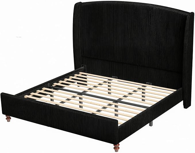King Size 65.7" Tall Headboard Upholstered Bed Frame with Wingback, Soft Washable Corduroy Beds Cover, Solid Wood Legs, Noise-Free, No Box Spring Needed, Black