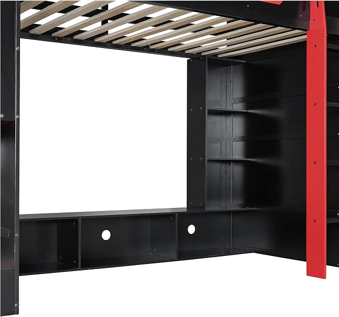 Merax Twin Size Loft Bed with Desk, Multi-Storage Shelves and RGB Light | Space-Saving Wooden Gaming Bed Frame with Charging Station and Guardrail