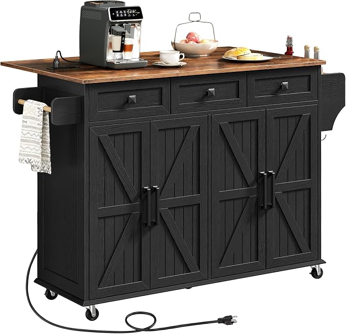 RALGEND Kitchen Island with Drop Leaf & Power Outlet, Rolling Kitchen Island Cart On Wheels, Barn Door Kitchen Island Table with Storage, Island Table for Kitchen, Black and Rustic Brown