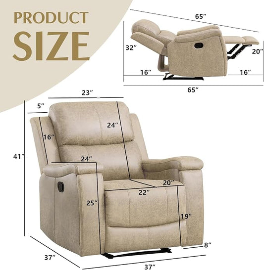 CANMOV Leather Recliner Chair, Classic and Traditional Manual Recliner Chair with Overstuffed Arms and Back, Manual Single Sofa with Concealed Cup Holders,Beige