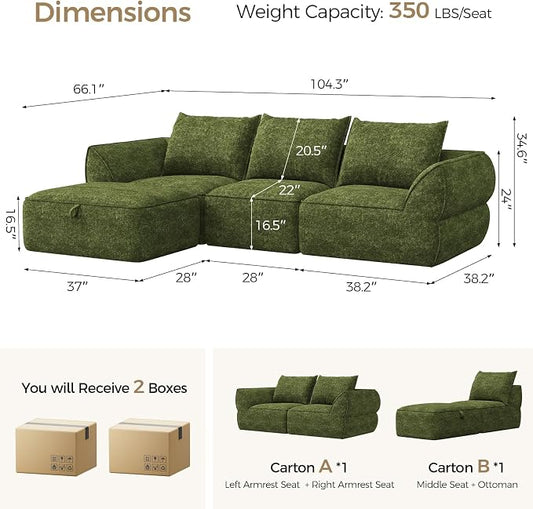 104" Modular Sectional Sofa with Deep Seat, Comfortable Upholstery L Shaped Cloud Couch for Living Room, 3-Seater Boneless Sofa with Movable Ottoman, Removable Cover, No Assembly Required, Algae Green