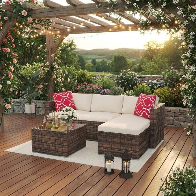 5-Piece Outdoor Sectional Sofa Set, Outdoor Patio Set Sectional Sofa, All-Weather PE Rattan Patio Furniture with Ottoman & Tempered Glass Table for Garden, Backyard, Porch, Poolside (Brown/Beige)
