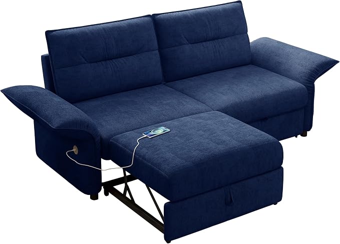 85" Pull Out Sofa Bed Full Size, Pre-Assembled Flannel Sleeper Sofa, Convertible Loveseat Futon Couch, Adjustable Armrest with USB, Pillows, for Apartment, Living Room, Small Spaces, Blue