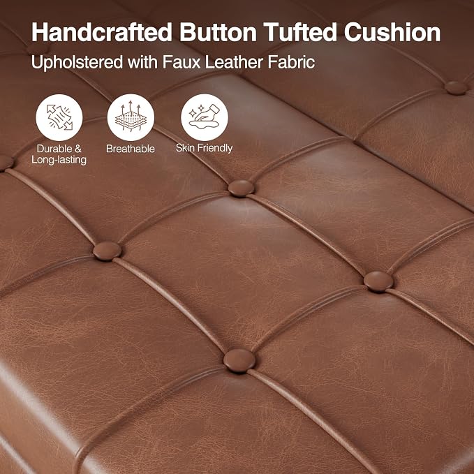FiveWillowise Square Leather Ottoman with Storage, Faux Leather Coffee Table with Lift Top,Large Upholstered Footrest Stool Toy Box Storage Bench for Bedroom Living Room, Brown