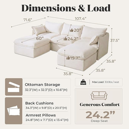 Cloud Modular Sectional Sofa, Oversized Deep Seat Comfort, Linen Blend | Fully Removable Washable Covers, Memory Foam Seat Cushions, Storage Ottoman, Premium Fabric