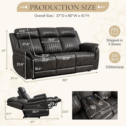 Zero Gravity Power Reclining Sofa with Adjustable Headrest, Electric Reclining Couch with USB & Type-C Ports, Power Loveseat Recliner Sofa for Living Room (Charcoal, 3 Seater Sofa)