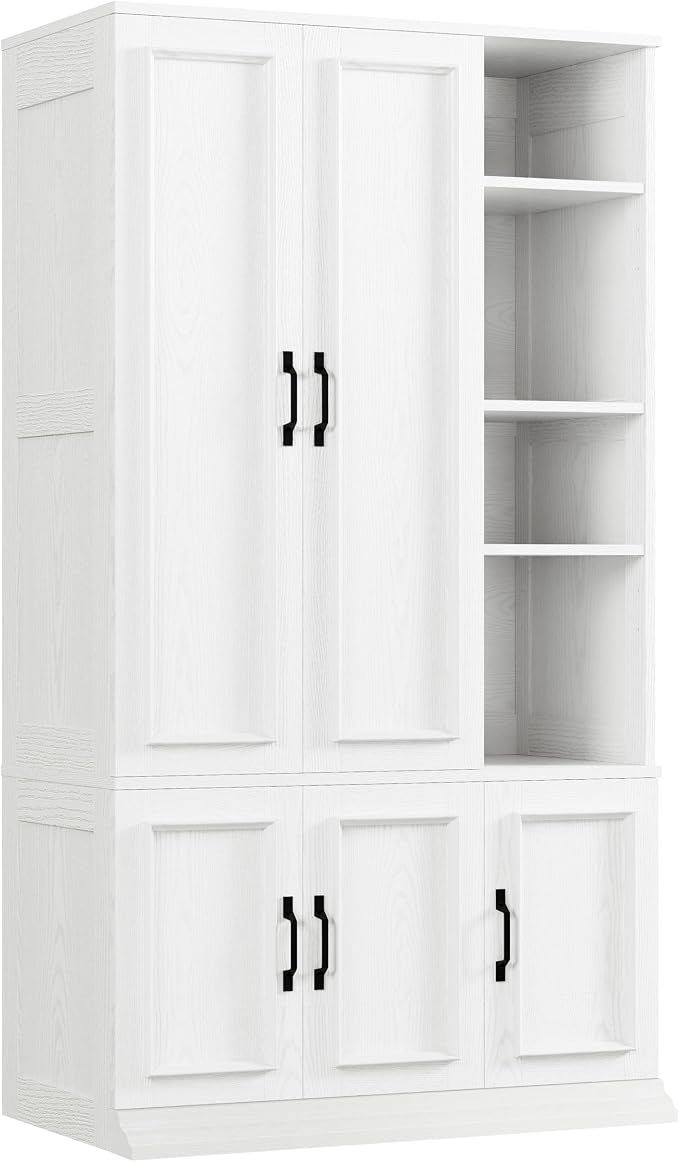 LIKIMIO Armoire Wardrobe Closet 70" H, 5 Doors Bedroom Wooden Wardrobe with 4 Storage Shelves and Hanging Rod, Clothing Storage Cabinet Organizer Combination, White