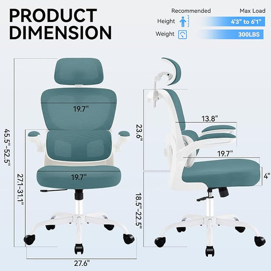 AreShark Office Chair Ergonomic Desk Chairs with Adjustable Lumbar Support& Headrest Hanger, High Back Breathable Mesh Chair with Wheels, Rolling Swivel Comfy Task Computer Chair for Home Work Gaming