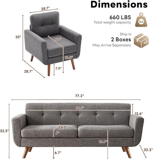 Tbfit Mid Century Modern Sofa Couch, Gray, Standard Sofa & Accent Chair | linen fabric