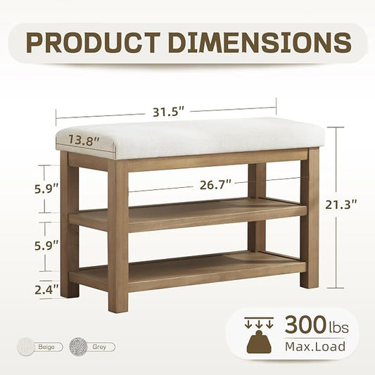 Zihanhome 2 Tier Shoe Rack Bench with Cushion, Solid Wood Shoe Benches, Mid-Century Modern Shoe Storage Bench for Entryway, Hallway, Living Room, Closet, Front Door Entrance, (Beige, 31.5")