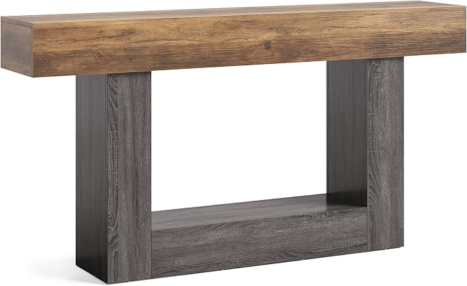 LITTLE TREE 63 Inches Long Console Table, 2-Tier Farmhouse Sofa Table Behind Couch, Large Narrow Entryway Table for Living Room, Wooden Hallway Foyer Table with Heavy Duty Base, Rustic Brown and Grey