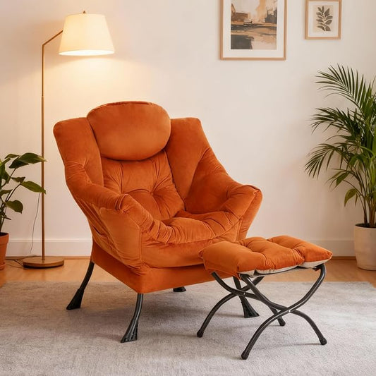 Lazy Chair with Ottoman, Modern Accent Chair Contemporary Sofa Chair with Armrests, Reading Chair and Folding Footstool Set for Living Room, Bedroom, Orange