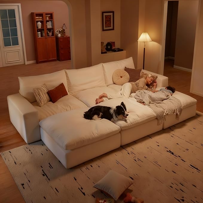 Modular Cloud Sofa, 113.8" Cloud Sectional Couches with Deep Seat, 3-Seat Couch for Living Room, Modern Comfy Couch with Washable Cover, Wide Armrest (White)