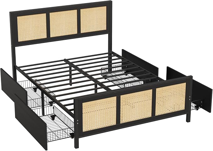 GarveeHome Black Rattan Bed Frame with Headboard, Boho Cane Platform Queen Bed Frame with 4 Drawers, Strong Metal Slats Support, Noise Free, No Box Spring Needed