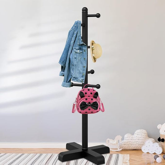Coat Rack, Freestanding Coat Racks with 8 Hooks 2 Adjustable Height, Tree Coat Rack for Bedroom, Hallway, Entrance, Office, Hats, Handbags,Purse (BLACK)